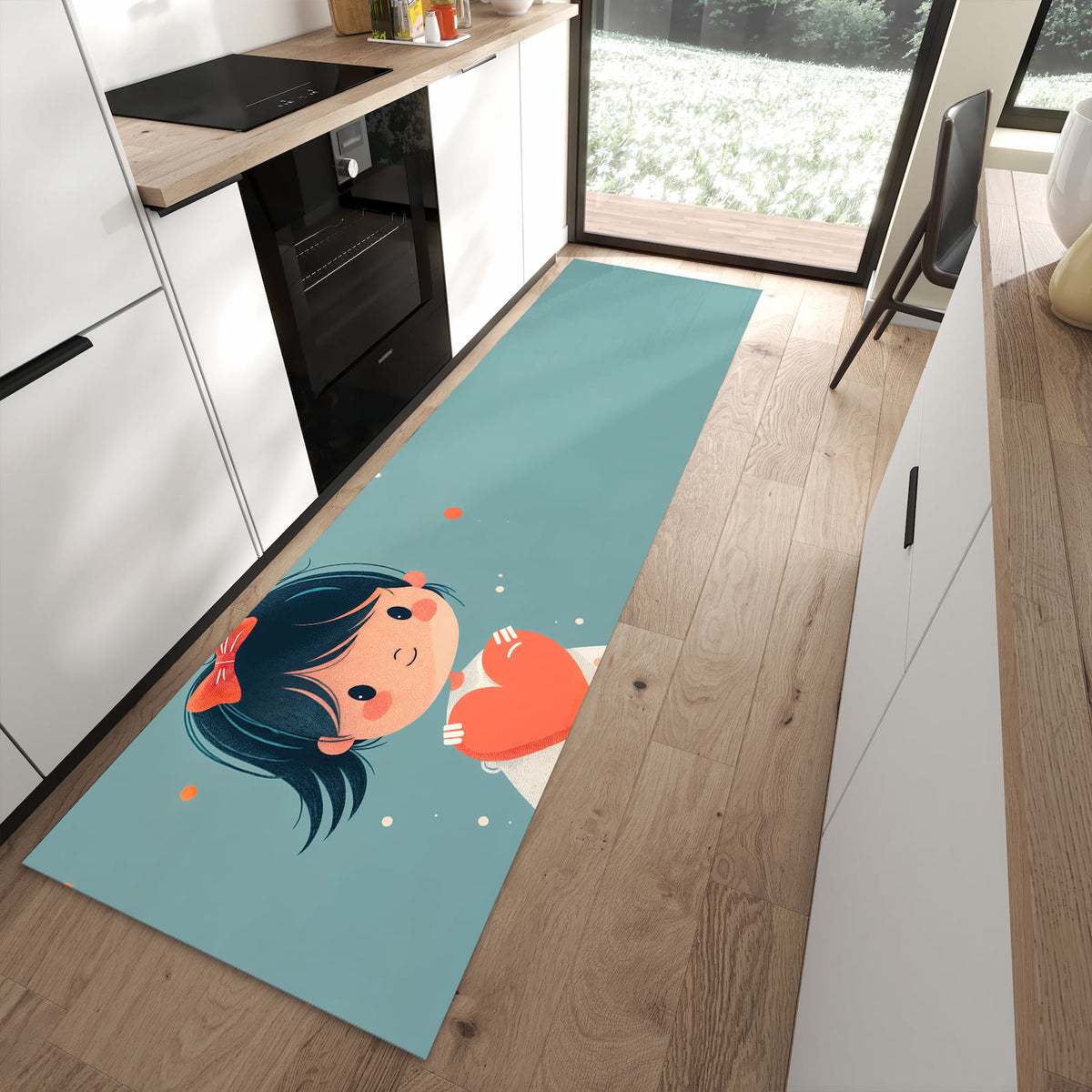 Rutschfester Küchenteppich mit Motiv Herzliches Mädchen in moderner Küche