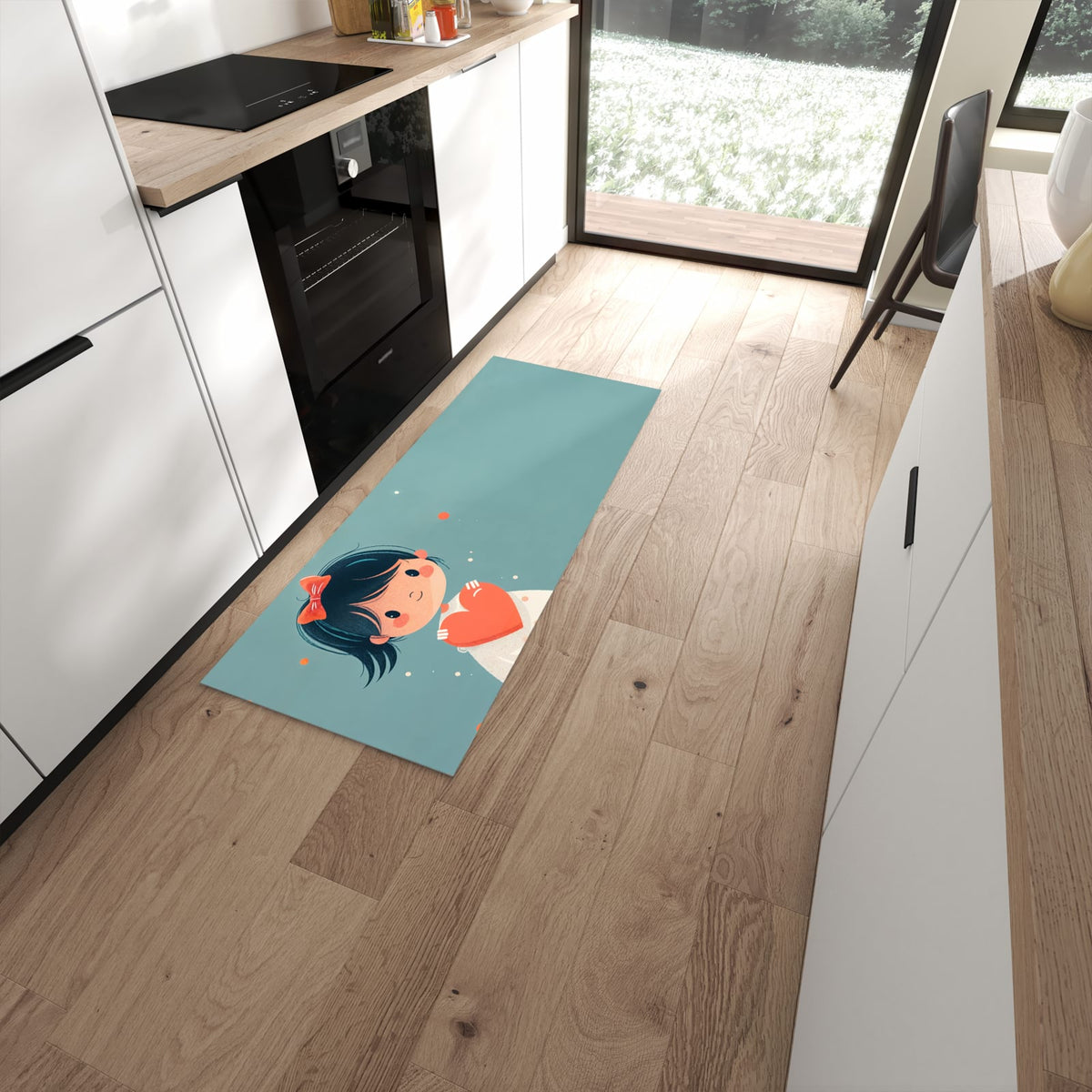 Wasserabweisender Küchenläufer mit Motiv Herzliches Mädchen in moderner Küche #grösse_60 x 150 cm