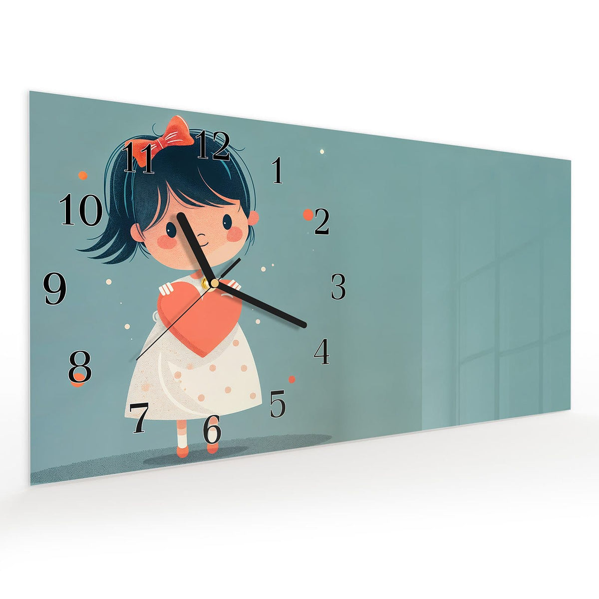 Vormontiert – mit Schwebeeffekt – Wanduhr Herzliches Mädchen aus Glas – Querformat 60 × 30 cm