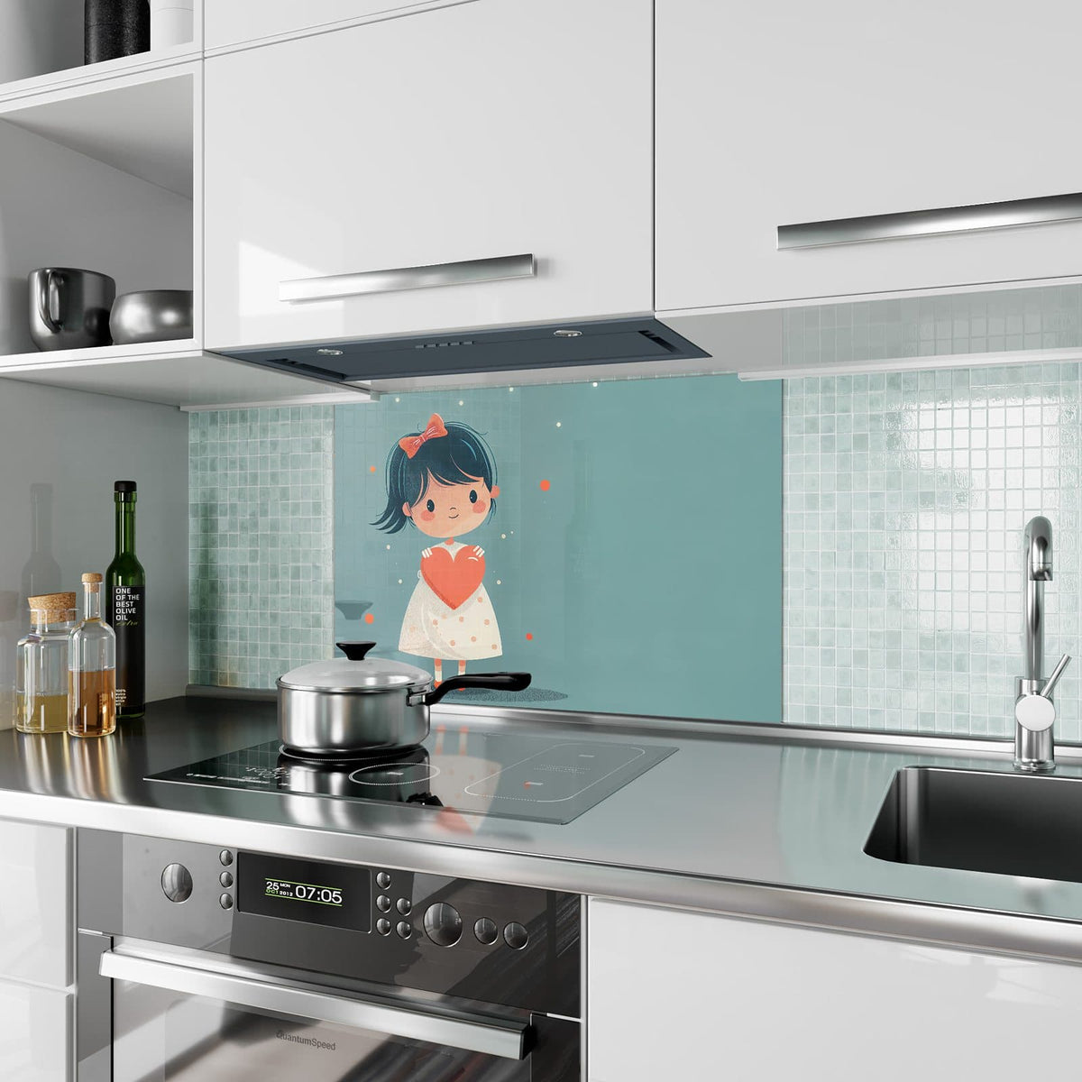 Küchenrückwand aus Glas Mädchen mit rotem Herz im Hochformat als Spritzschutz hinter dem Kochfeld, über dem Fliesenspiegel montiert