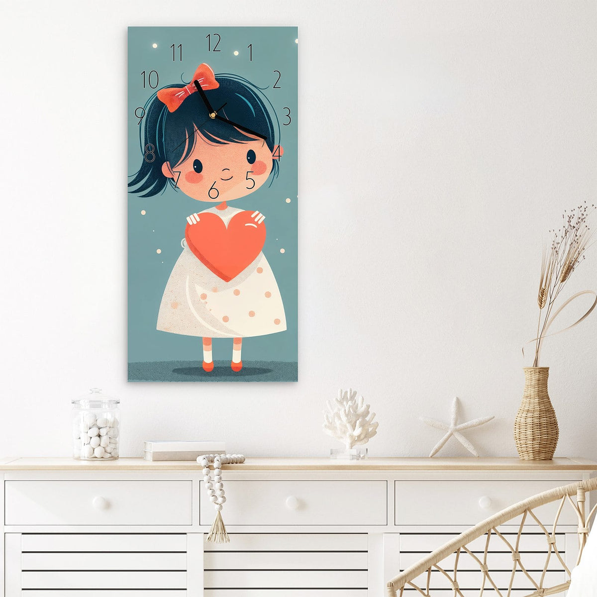 Wanduhr Herzliches Mädchen aus Glas – Hochformat 30 × 60 cm – Mädchen mit rotem Herz