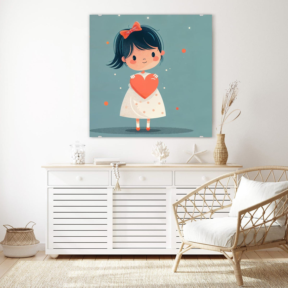Echtglas, 4 mm – kein Acryl, keine Folie – Wandbild - Mädchen mit rotem Herz - Quadratisch