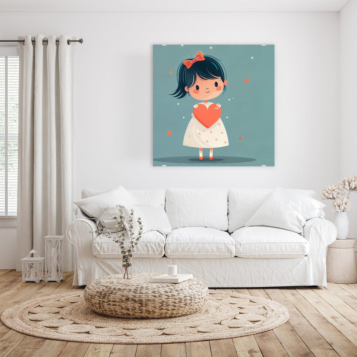 Glasbild Mädchen mit rotem Herz an der Wand – Illustration: Mädchen mit roter Haarschleife hält ein rotes Herz vor türkisem Grund