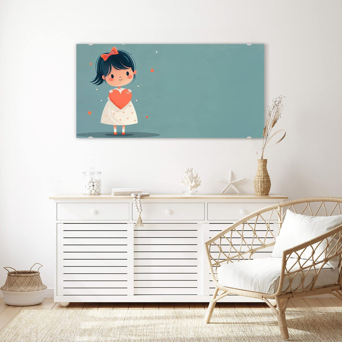 Echtglas, 4 mm – kein Acryl, keine Folie – Wandbild - Mädchen mit rotem Herz - Querformat