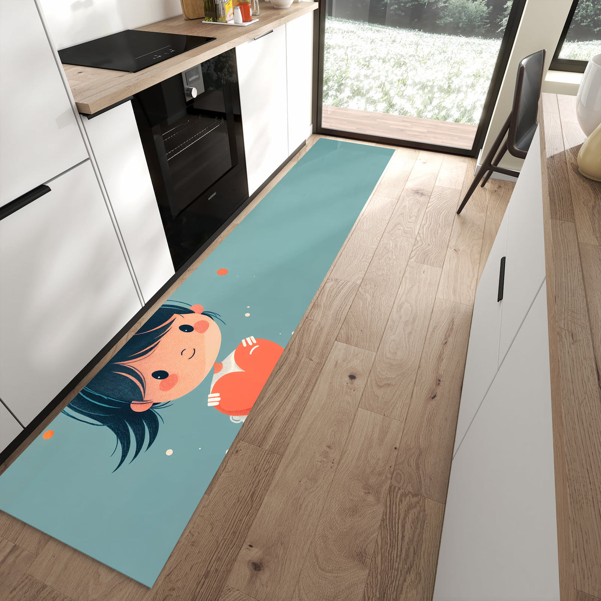 Langlebiger Küchenteppich mit Motiv Herzliches Mädchen in moderner Küche