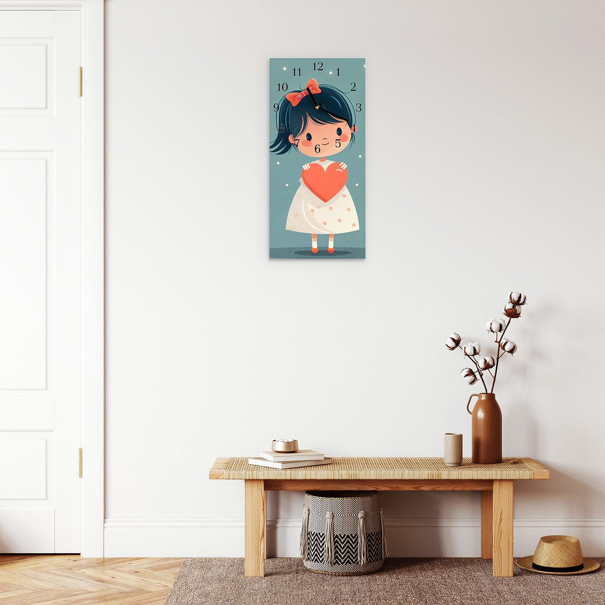 Moderne Wanduhr aus Glas mit Farbtiefe – Wanduhr Herzliches Mädchen aus Glas – Hochformat 30 × 60 cm