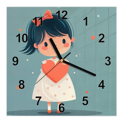 Wanduhr Quadratisch mit dem Motiv Mädchen mit rotem Herz