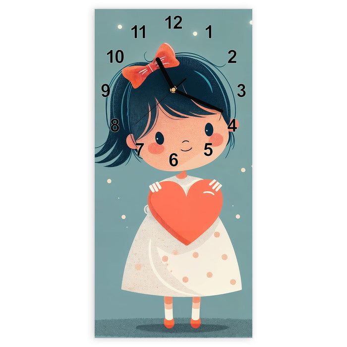 Wanduhr Herzliches Mädchen aus Glas – Hochformat 30 × 60 cm mit Ziffernblatt Modern
