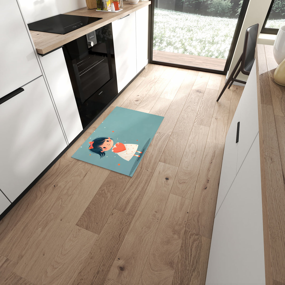 Flacher Küchenteppich mit Motiv Herzliches Mädchen in moderner Küche
