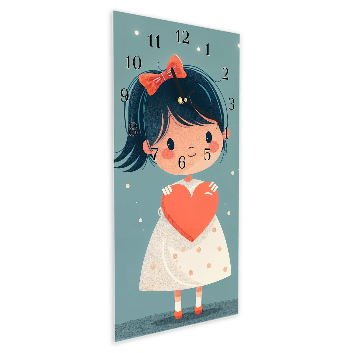 Vormontiert – mit Schwebeeffekt – Wanduhr Herzliches Mädchen aus Glas – Hochformat 30 × 60 cm