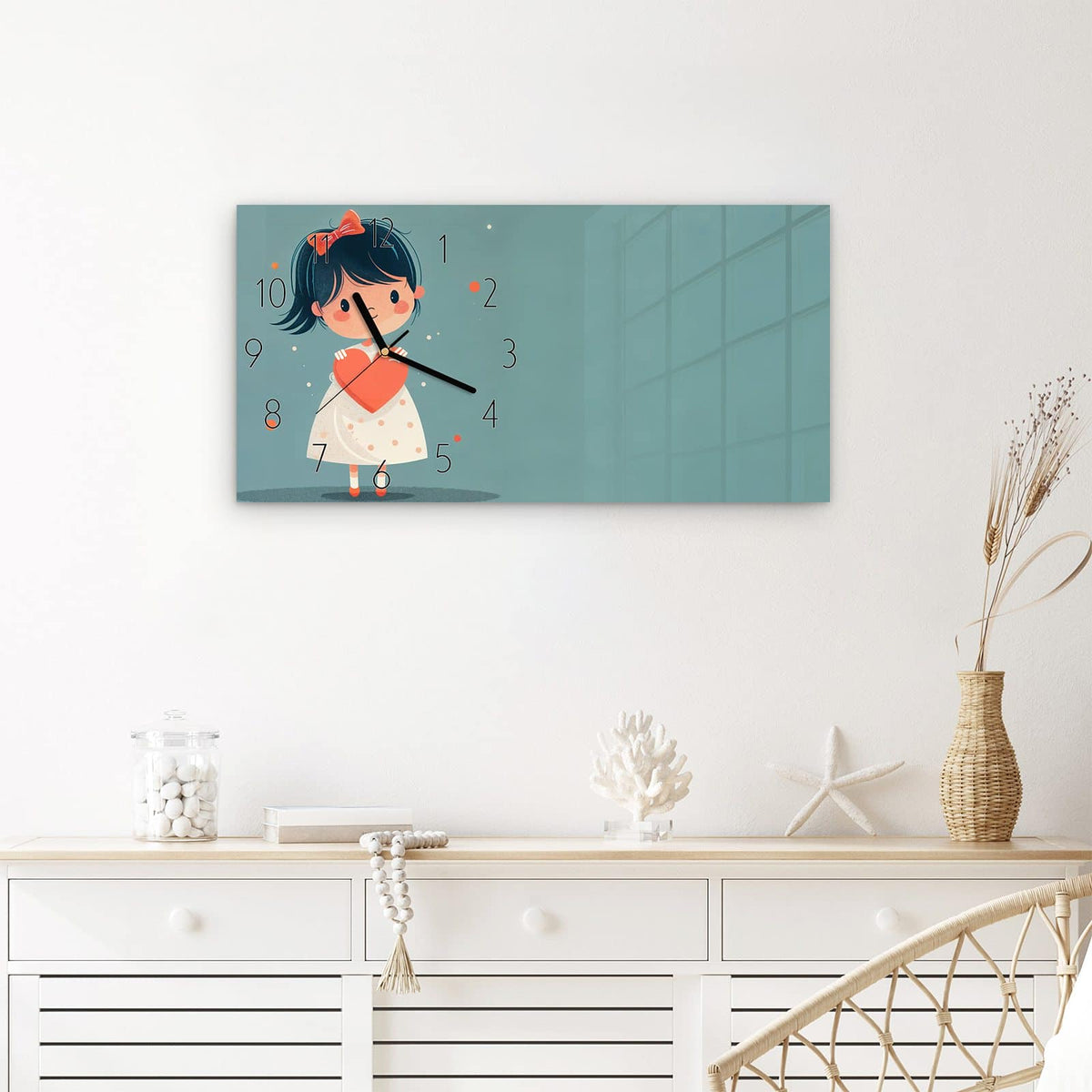 Wanduhr Herzliches Mädchen aus Glas – Querformat 60 × 30 cm – Mädchen mit rotem Herz