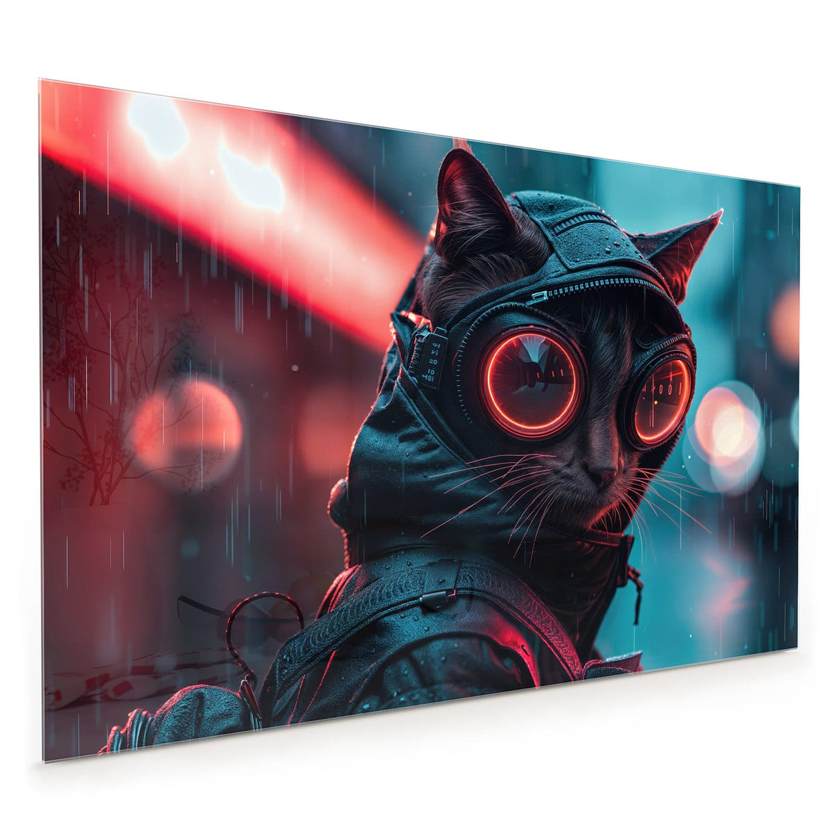 Küchenrückwand aus Glas im Hochformat mit Motiv Katze im Neonregen: Schwarze Katze mit Kapuze und rot leuchtender Rundbrille im Regen
