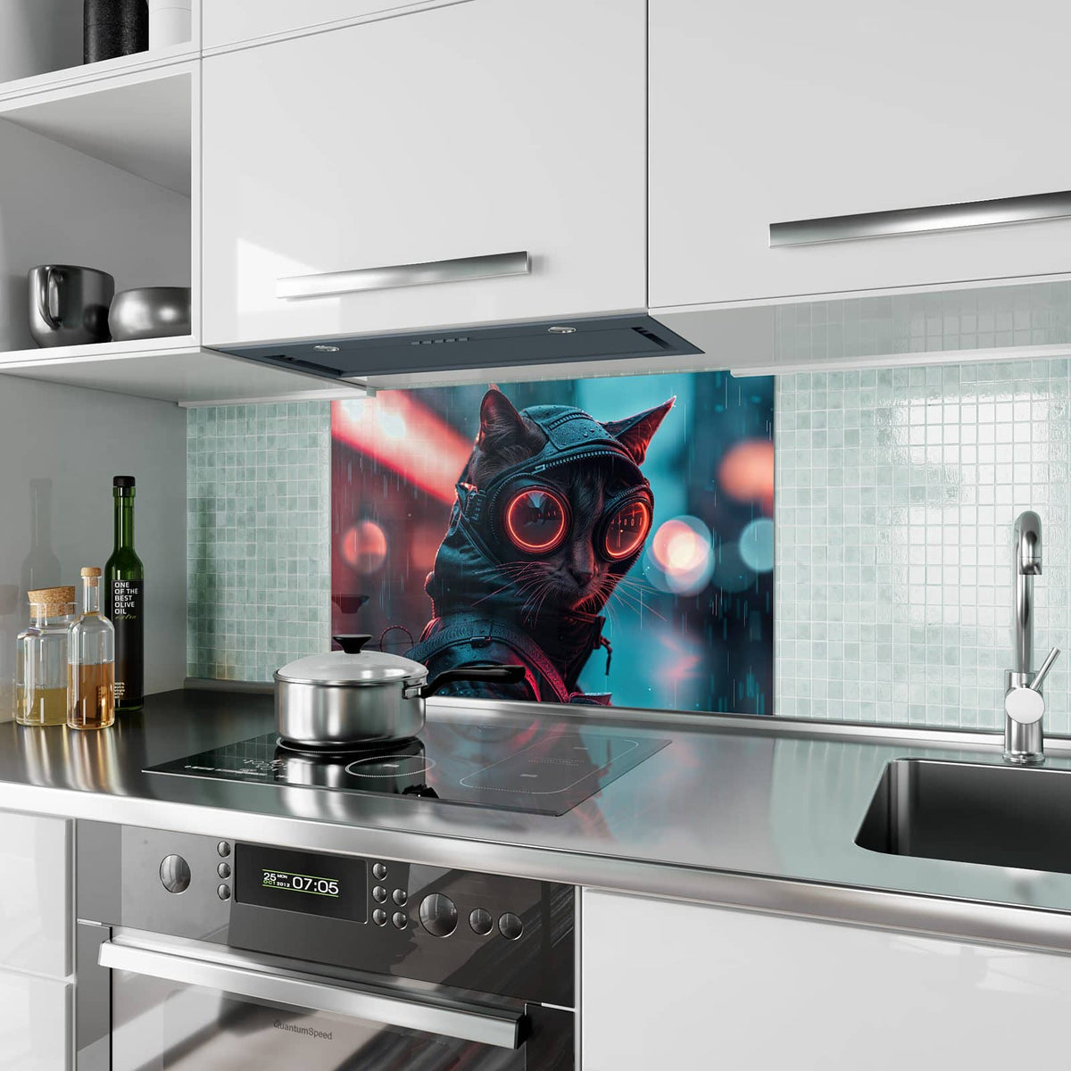 Küchenrückwand aus Glas Katze im Neonregen im Hochformat als Spritzschutz hinter dem Kochfeld, über dem Fliesenspiegel montiert
