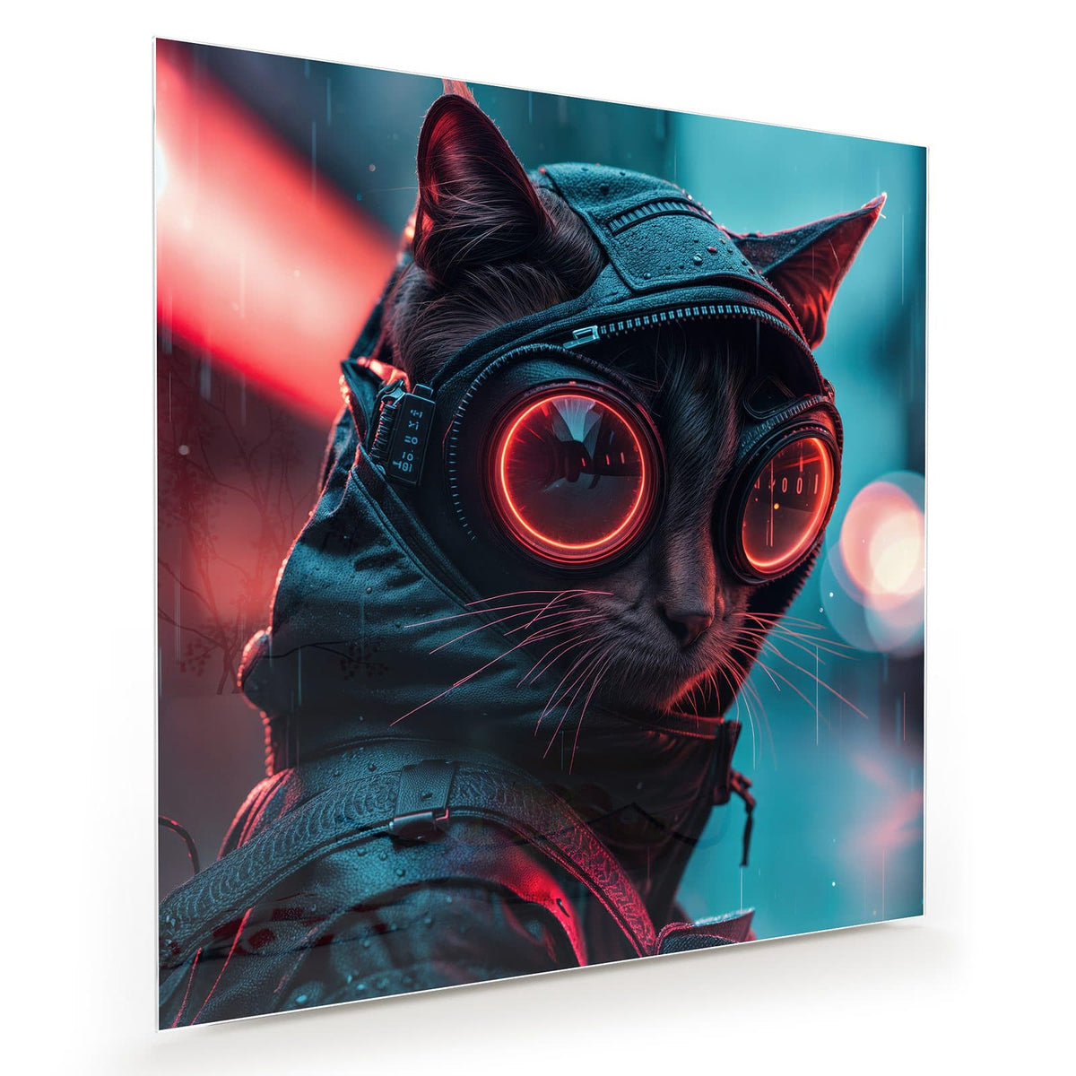 Schwarze Katze mit Kapuze und rot leuchtender Rundbrille im Regen, türkis-rote Lichter im Hintergrund