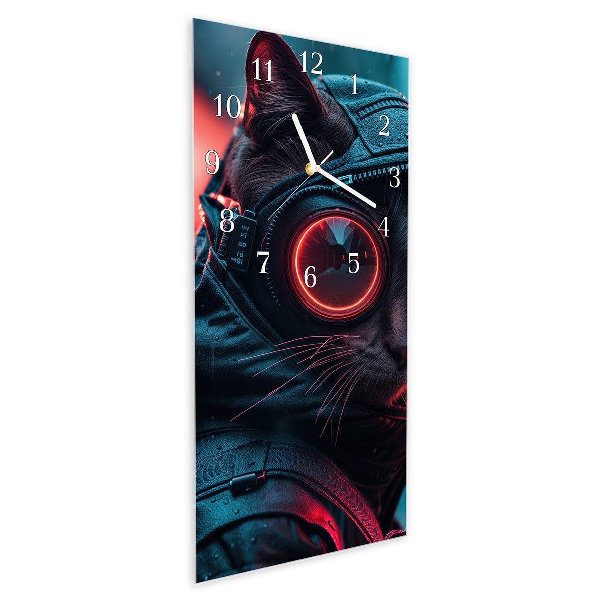 Vormontiert – mit Schwebeeffekt – Wanduhr Cyber Katze aus Glas – Hochformat 30 × 60 cm