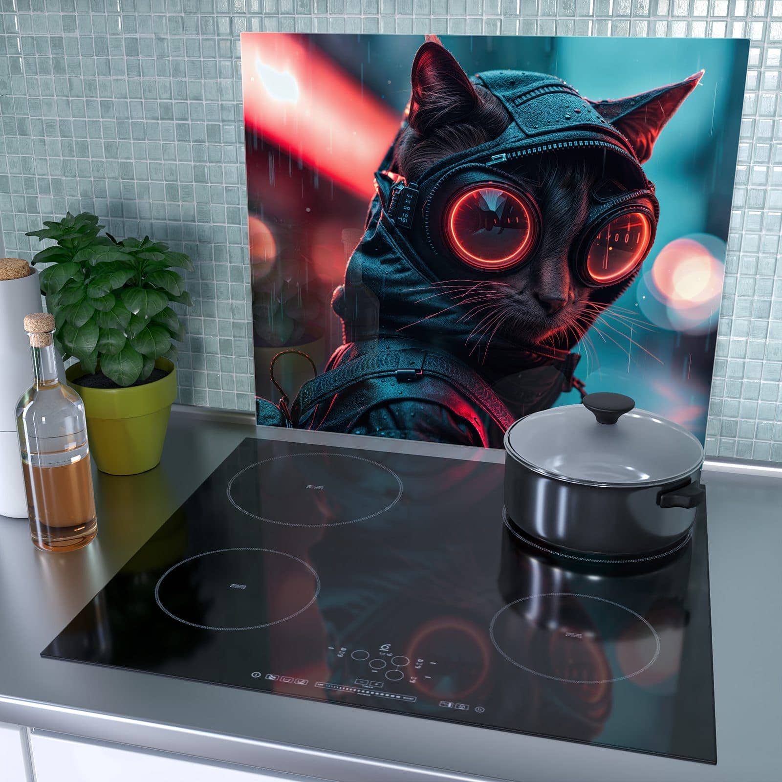 1-teilige Herdabdeckplatte mit Cyber Katze-Motiv als Spritzschutz hinter dem Kochfeld