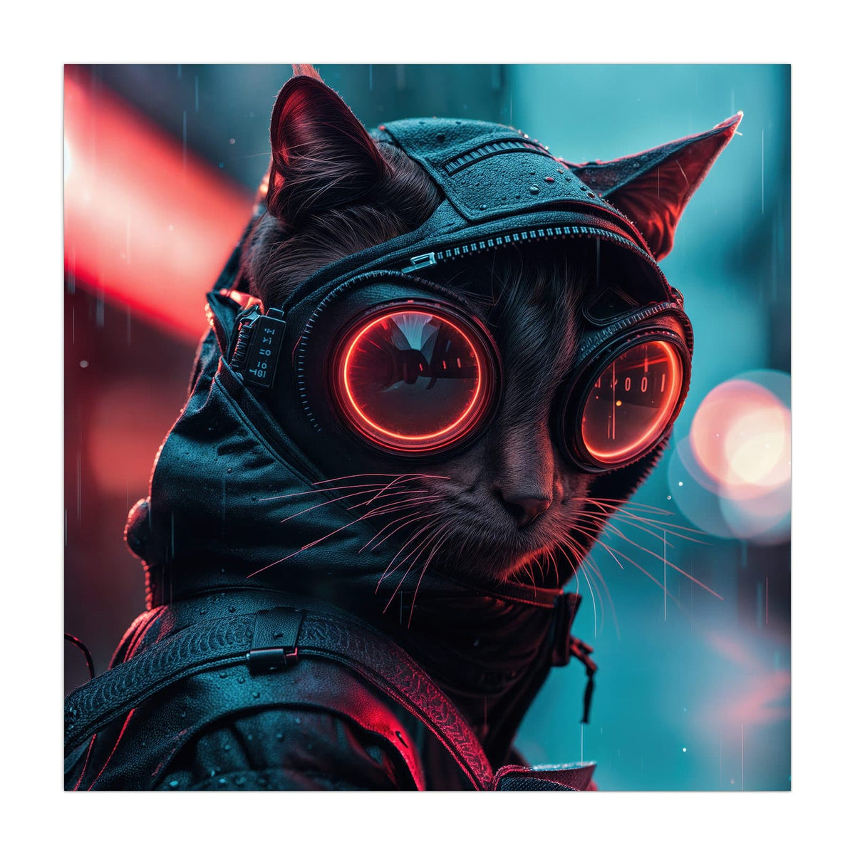 Küchenrückwand aus Glas Katze im Neonregen im quadratischen Format, Motiv bildfüllend von vorn