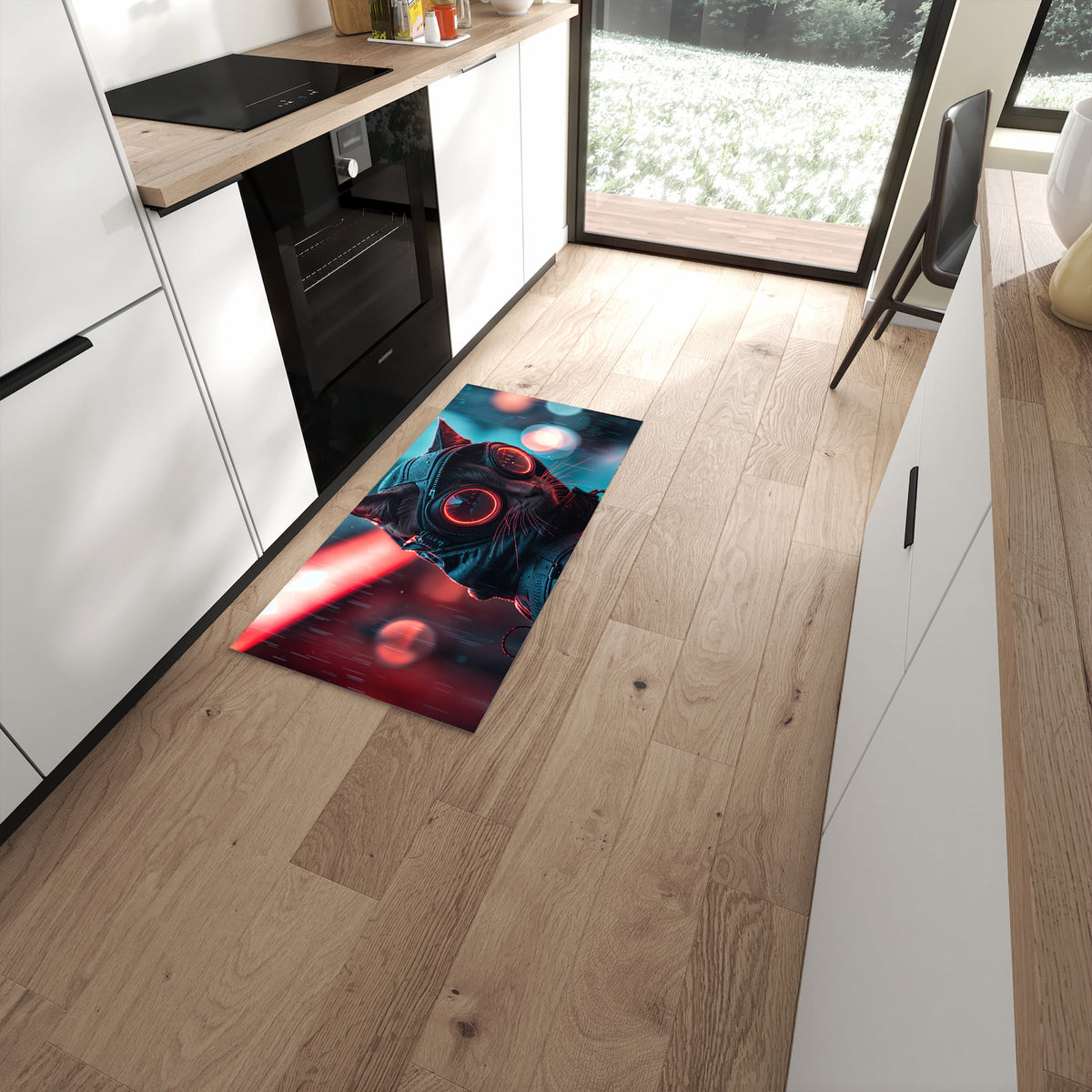 Langlebiger rutschfester Küchenteppich mit Motiv Cyber Katze in moderner Küche #grösse_60 x 120 cm