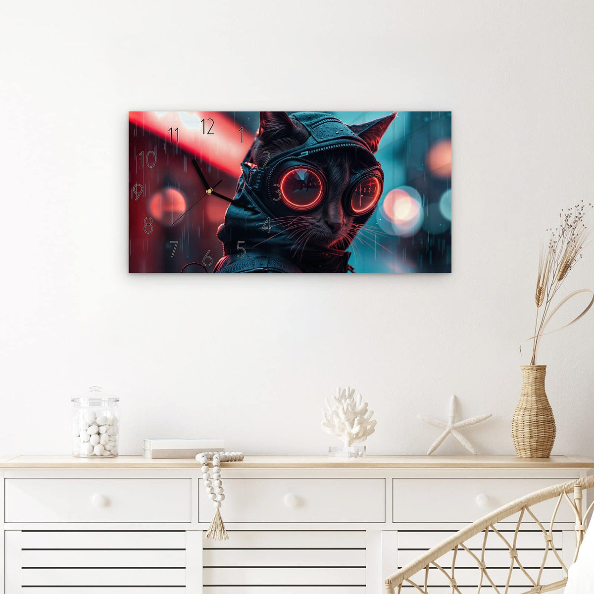 Wanduhr Cyber Katze aus Glas – Querformat 60 × 30 cm – Katze mit roter Cyberbrille