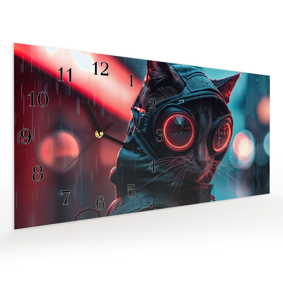 Vormontiert – mit Schwebeeffekt – Wanduhr Cyber Katze aus Glas – Querformat 60 × 30 cm