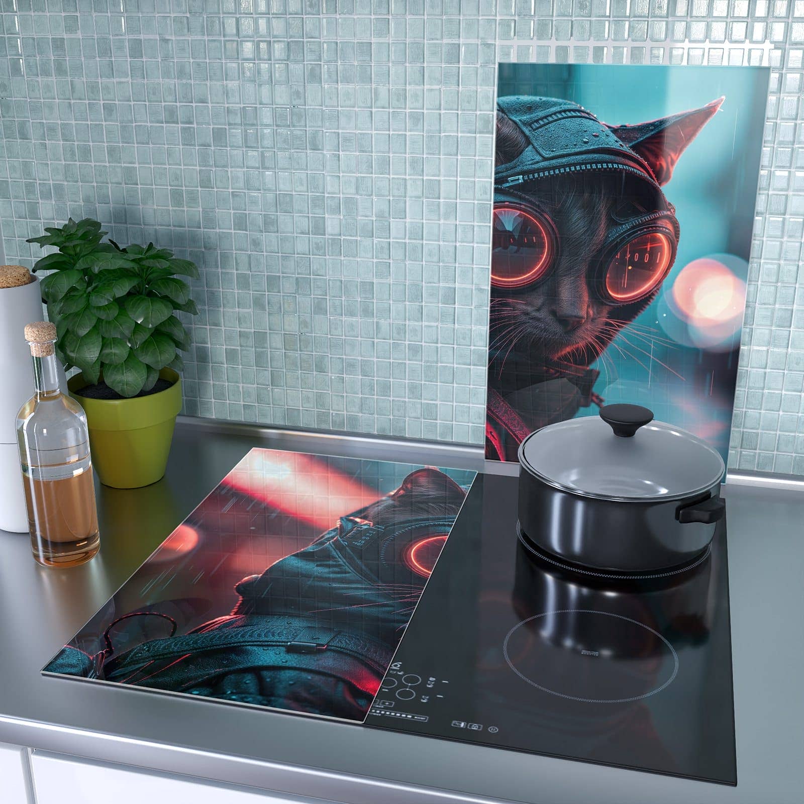 2-teilige Abdeckplatten mit Cyber Katze-Motiv als Spritzschutz hinter dem Kochfeld