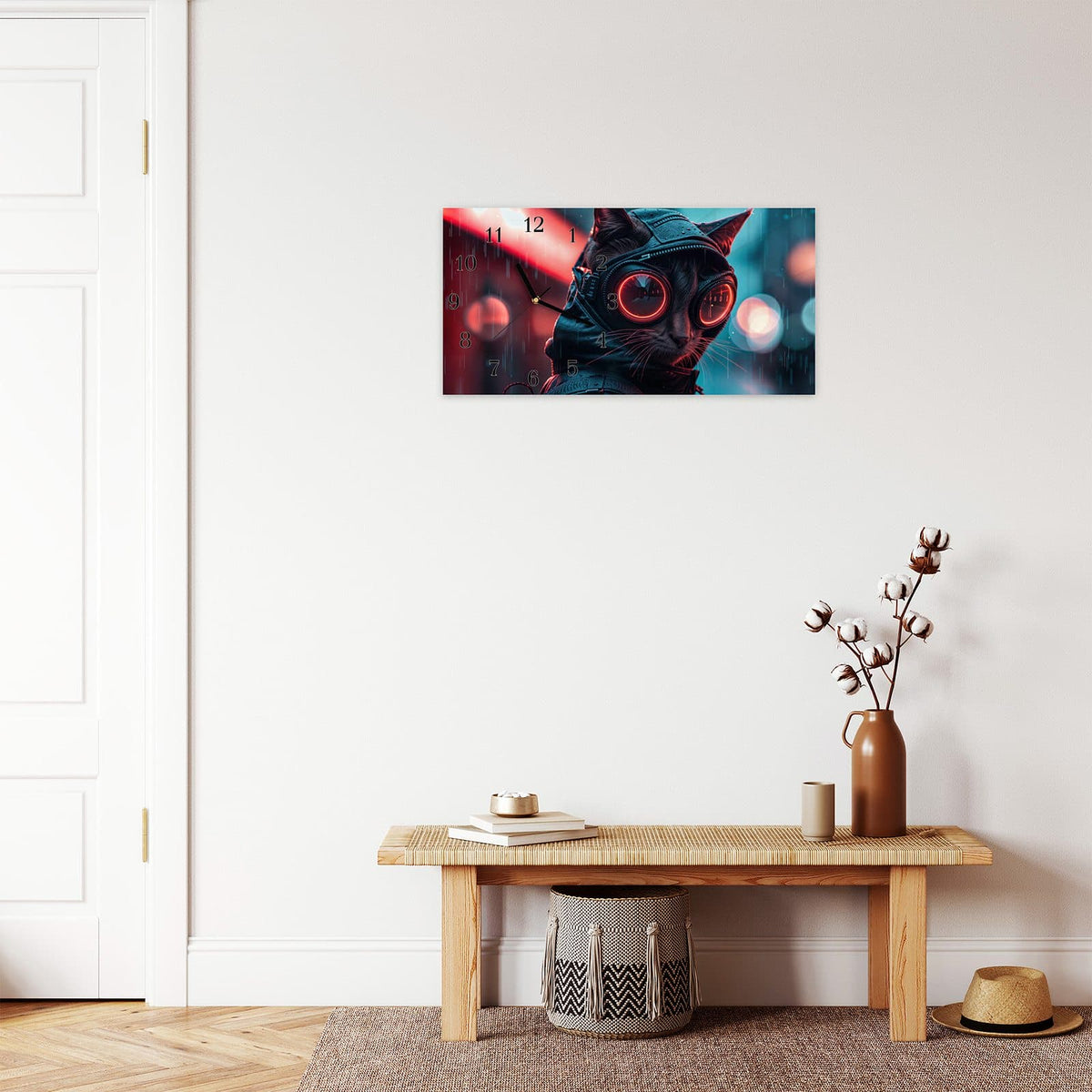 Moderne Wanduhr aus Glas mit Farbtiefe – Wanduhr Cyber Katze aus Glas – Querformat 60 × 30 cm