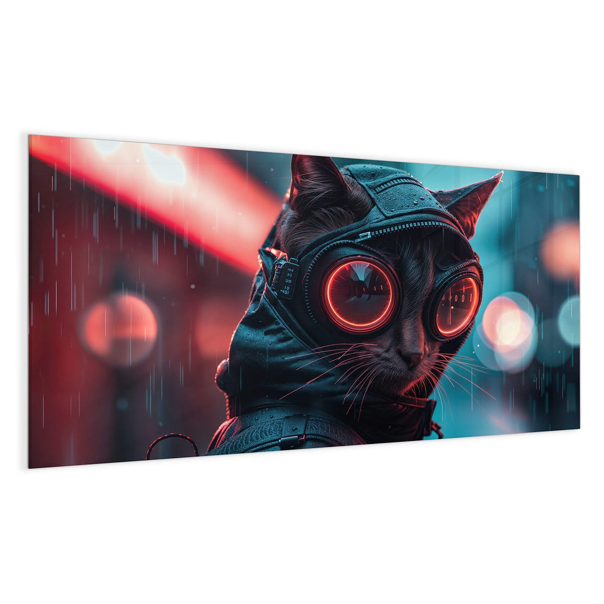 Schwarze Katze mit Kapuze und rot leuchtender Rundbrille im Regen, türkis-rote Lichter im Hintergrund