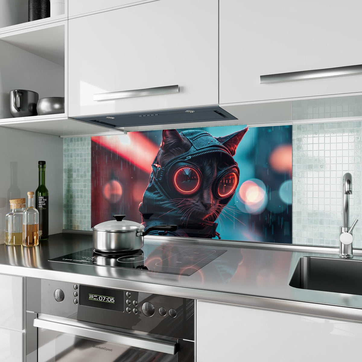 Küchenrückwand aus Glas Katze im Neonregen im Hochformat als Spritzschutz hinter dem Kochfeld, über dem Fliesenspiegel montiert