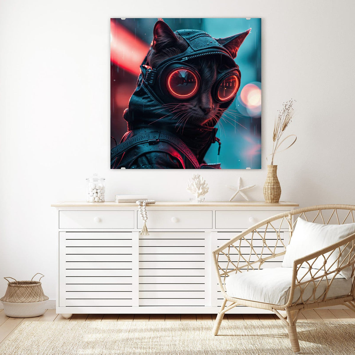 Echtglas, 4 mm – kein Acryl, keine Folie – Wandbild - Katze im Neonregen - Quadratisch