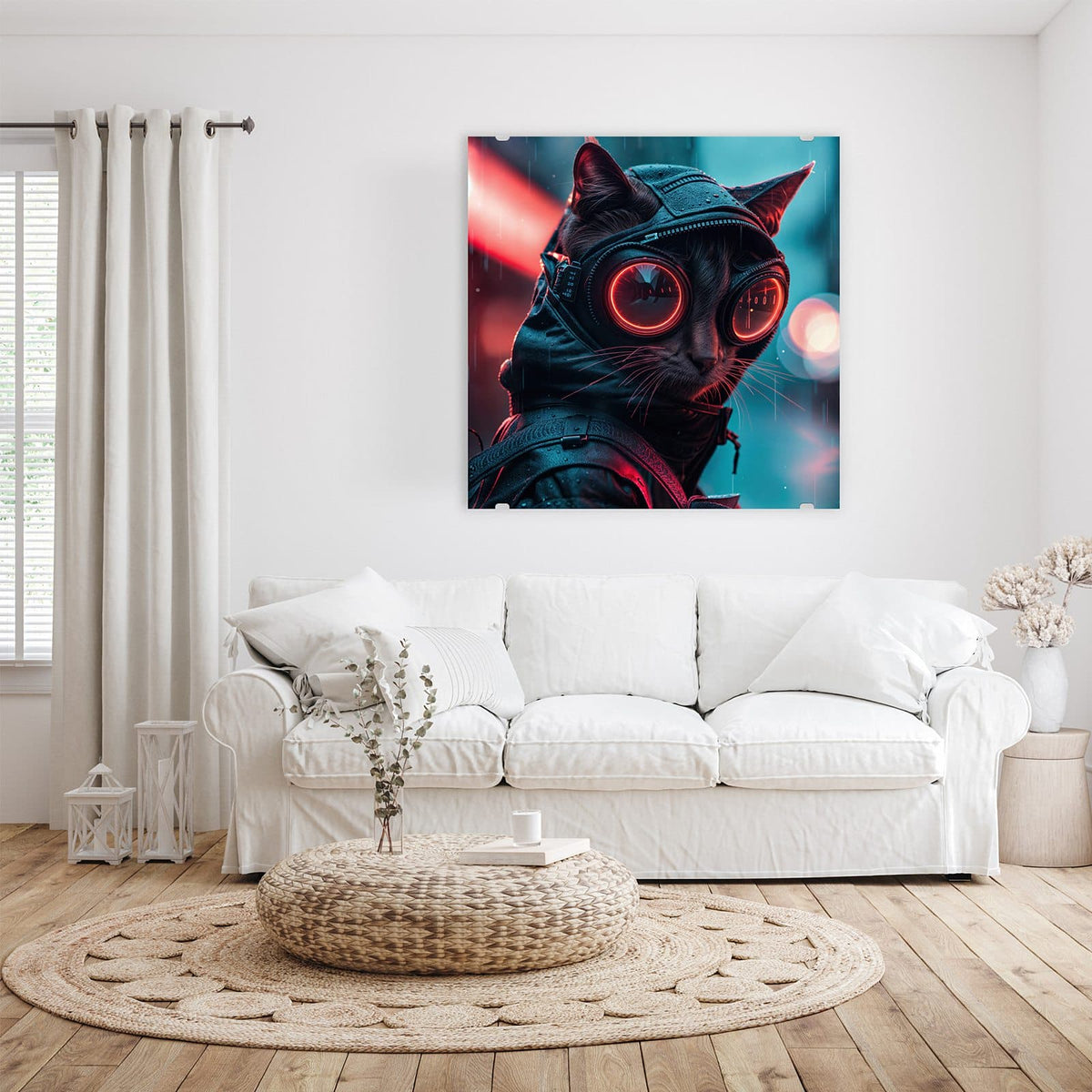 Schwarze Katze mit Kapuze und rot leuchtender Rundbrille im Regen, türkis-rote Lichter im Hintergrund