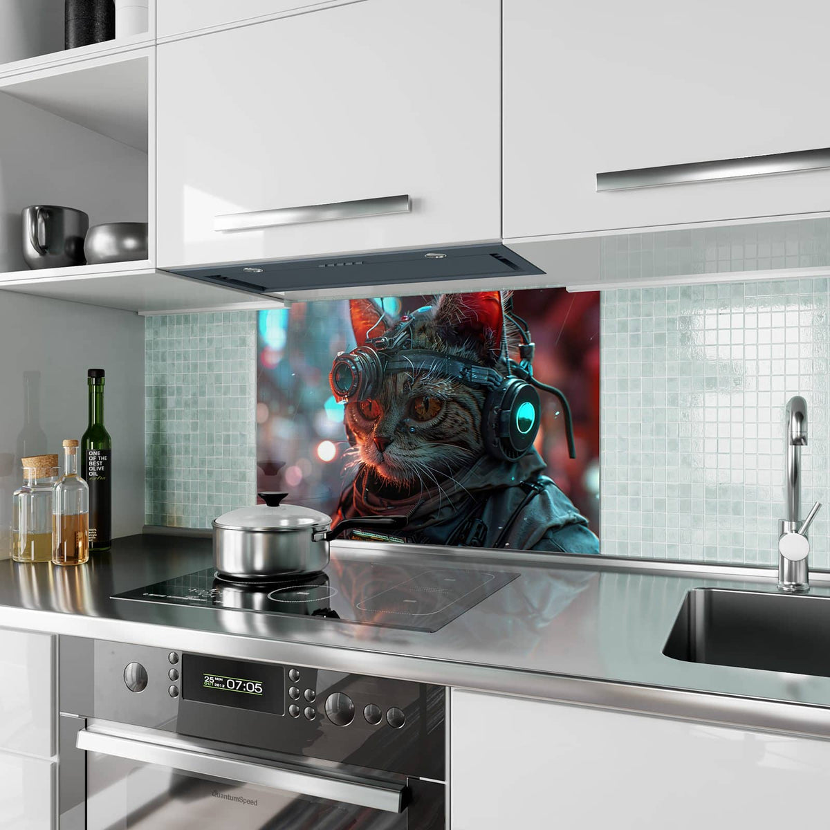 Küchenrückwand aus Glas Katze mit Fliegerbrille im Hochformat als Spritzschutz hinter dem Kochfeld, über dem Fliesenspiegel montiert