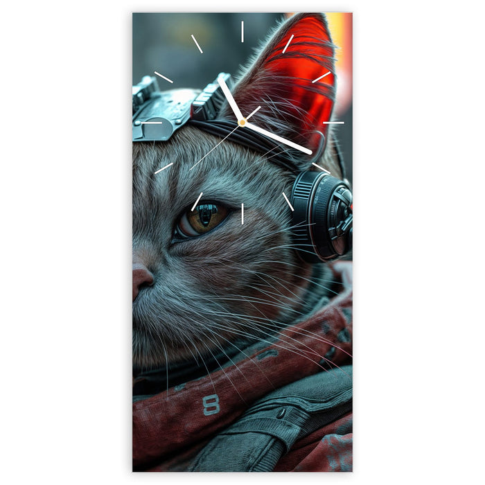 Wanduhr Cyberkatze aus Glas – Hochformat 30 × 60 cm mit Ziffernblatt Linie