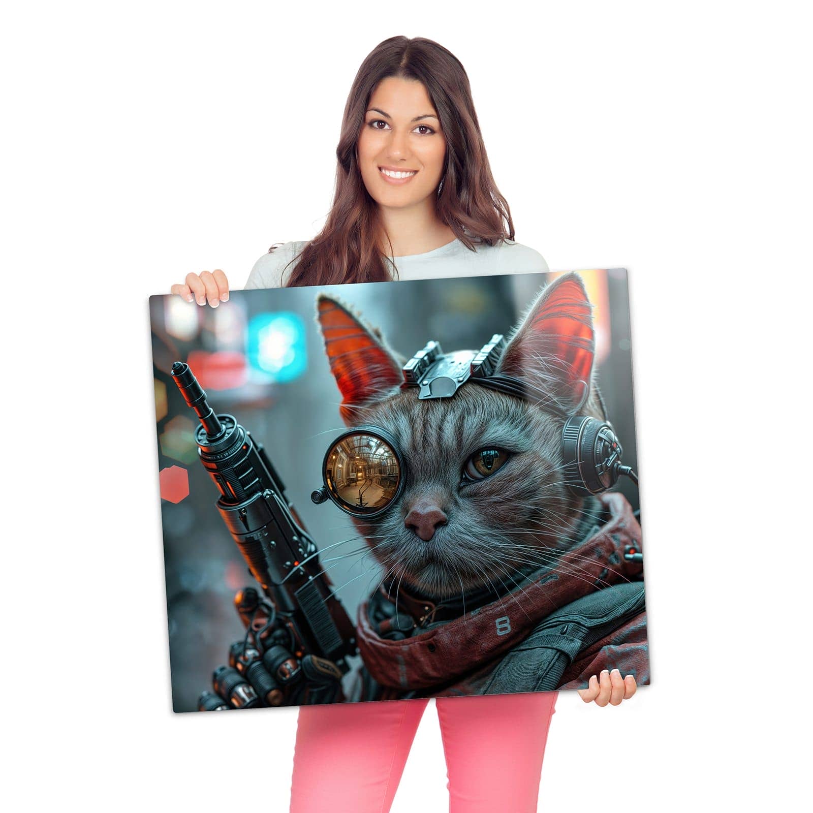 Ceranfeld Abdeckung mit Cyberkatze-Motiv wird zur Größendarstellung gehalten