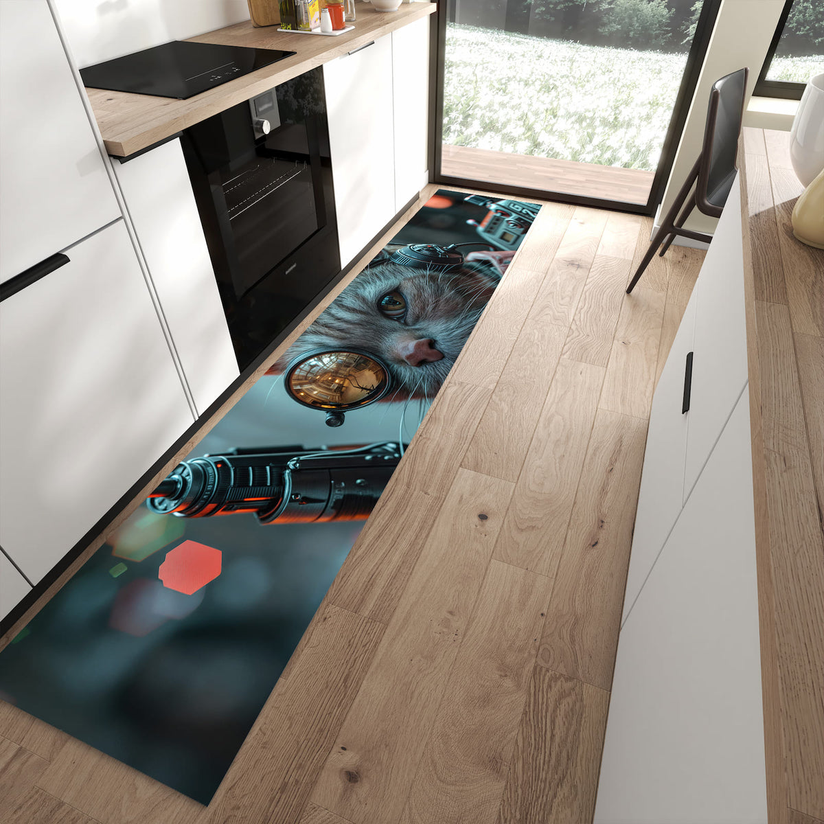 13 Größen – von 60 × 90 bis 80 × 300 cm – Küchenläufer - Katze mit Fliegerbrille