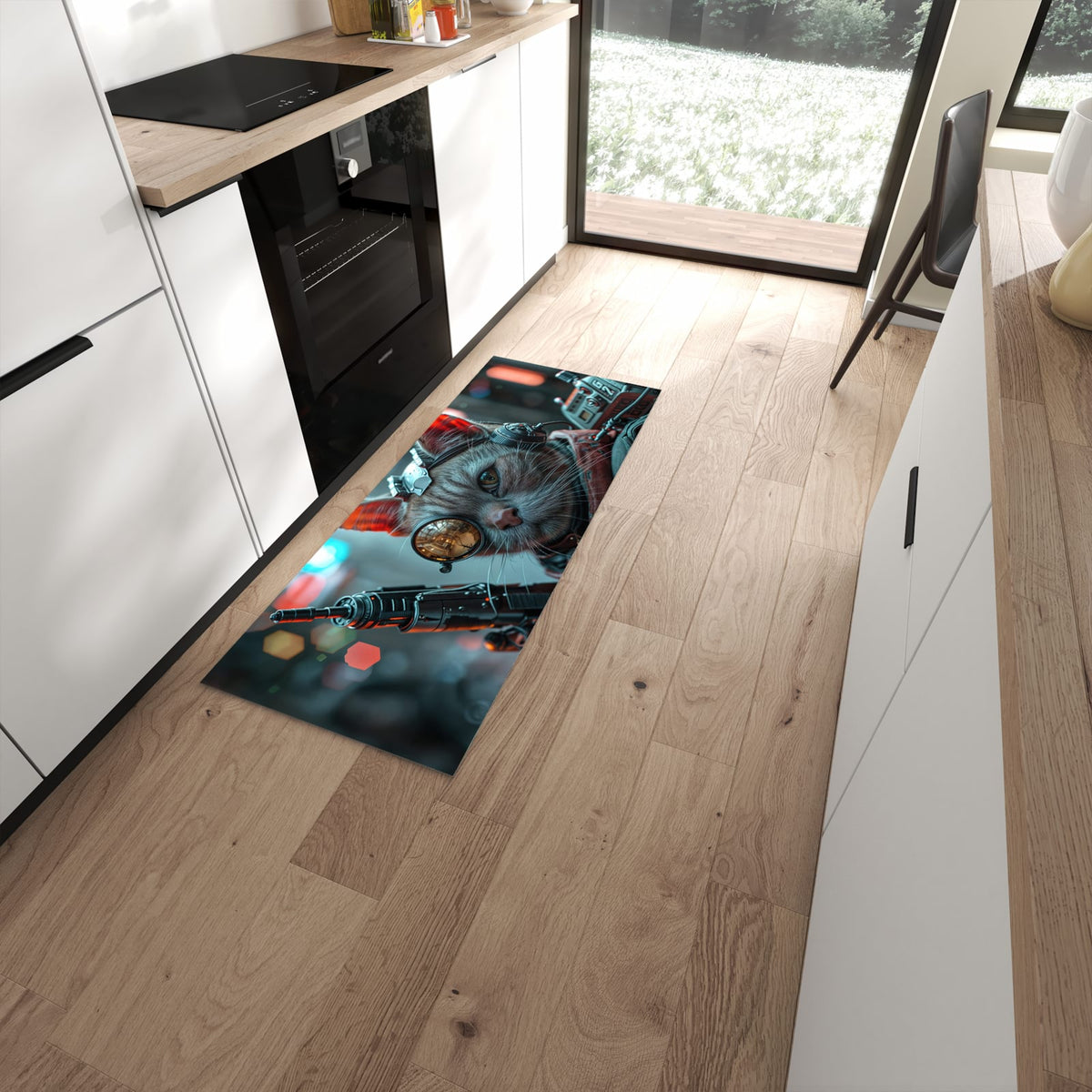 Schmutzabweisender Teppich für Esstisch mit Motiv Cyberkatze in moderner Küche #grösse_60 x 150 cm