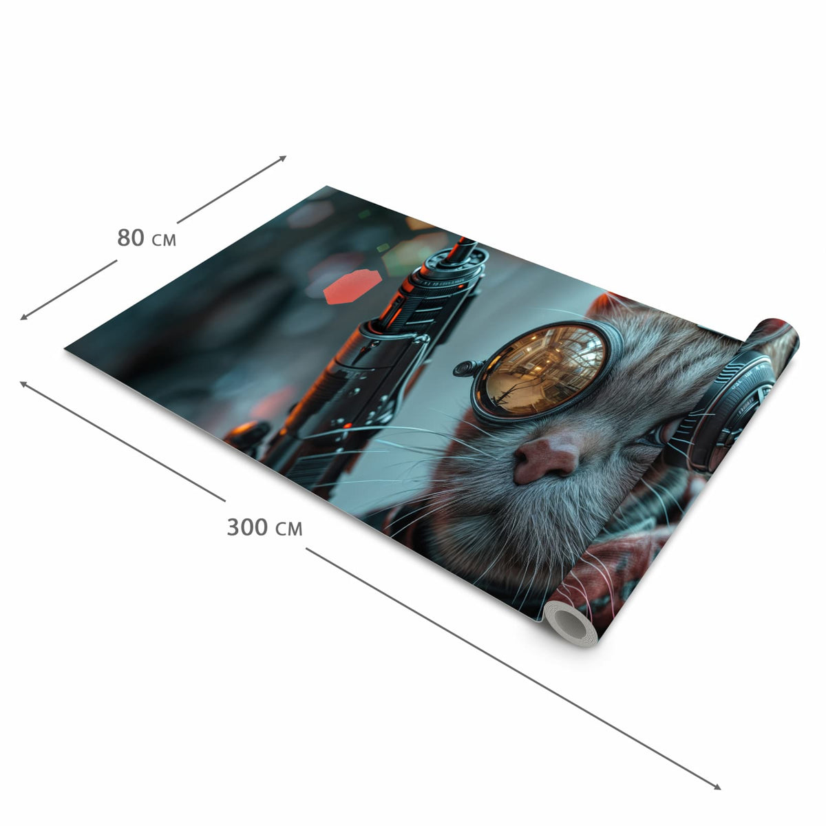 Feuchtigkeitsresistenter Küchenteppich mit Motiv Cyberkatze in der Grösse 80x300 cm