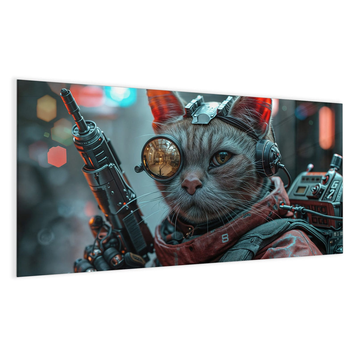 Getigerte Katze mit messingfarbener Fliegerbrille, Headset und rotem Tuch; links ragt ein Gewehrlauf ins Bild