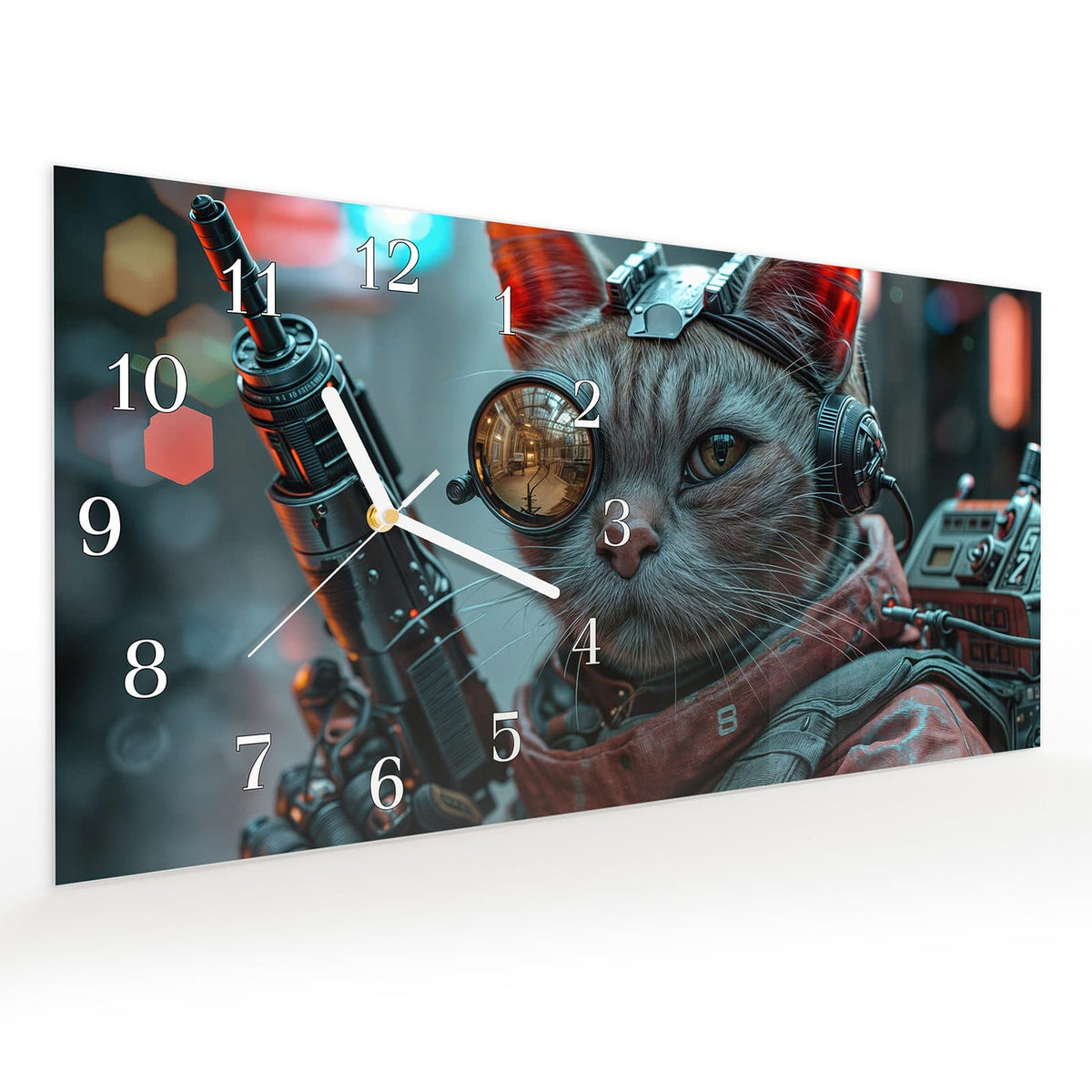 Vormontiert – mit Schwebeeffekt – Wanduhr Cyberkatze aus Glas – Querformat 60 × 30 cm