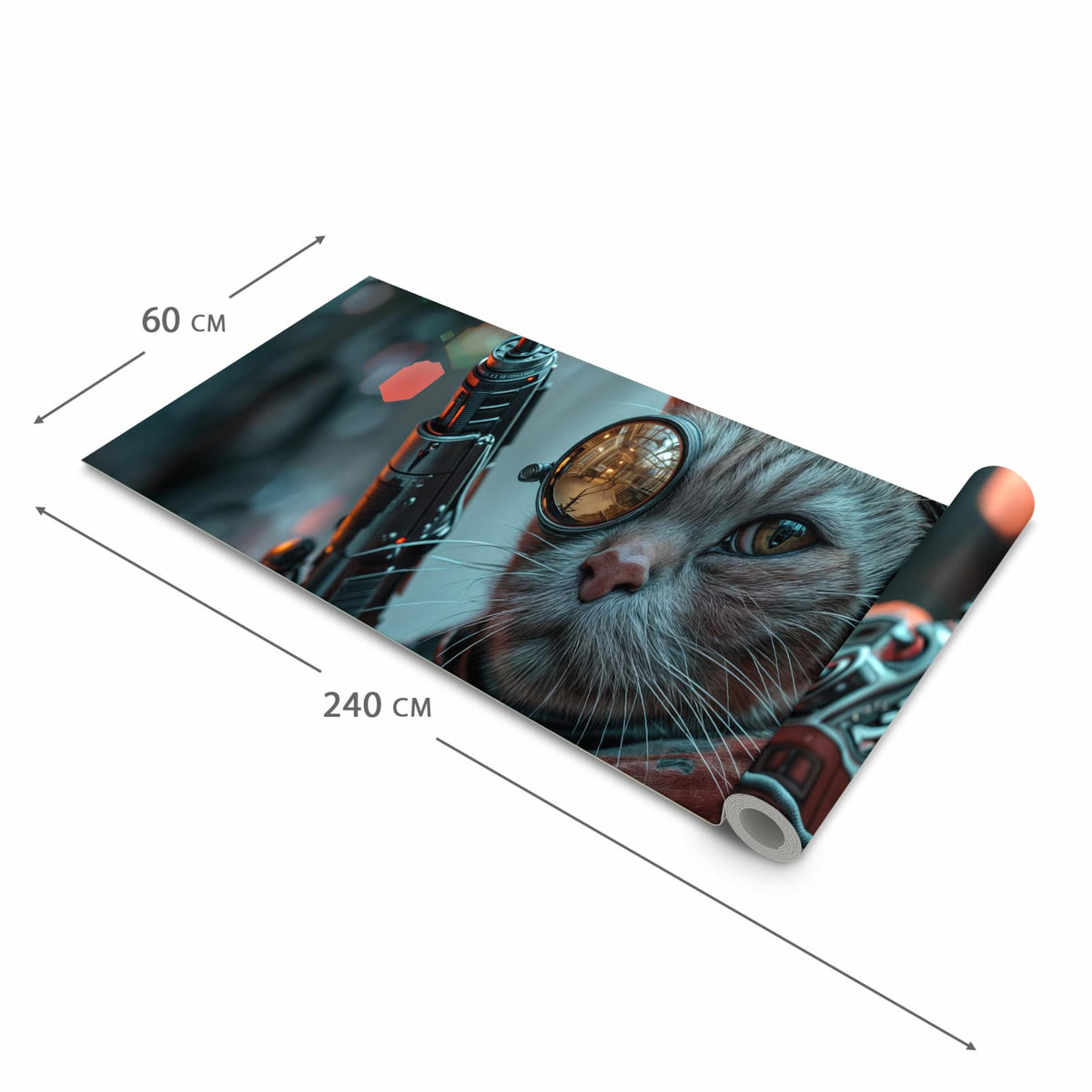 Waschbarer Teppich fürs Esszimmer mit Motiv Cyberkatze in der Größe 80x300 cm