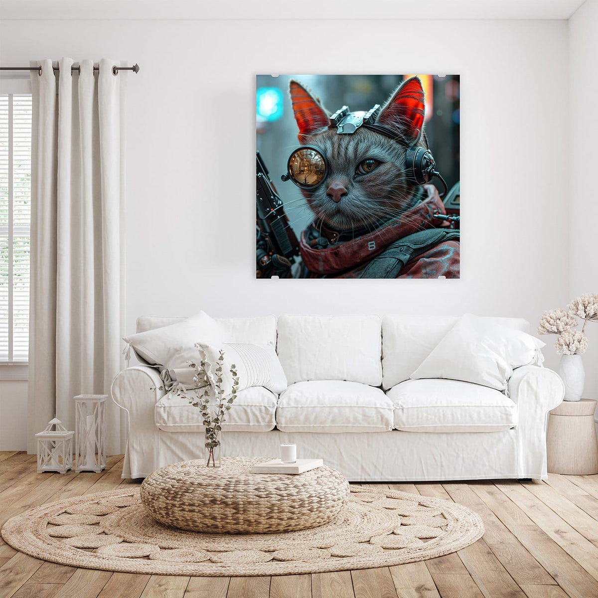 Glasbild Katze mit Fliegerbrille an der Wand – Getigerte Katze mit messingfarbener Fliegerbrille, Headset und rotem Tuch; links ragt ein Gewehrlauf ins Bild