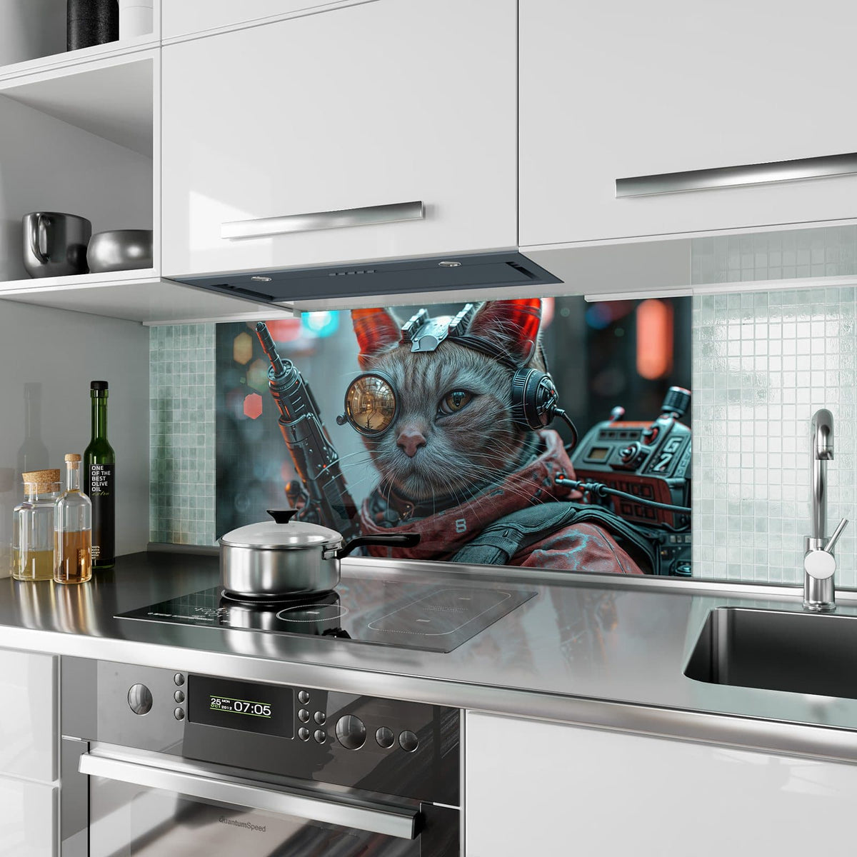 Küchenrückwand aus Glas Katze mit Fliegerbrille im Hochformat als Spritzschutz hinter dem Kochfeld, über dem Fliesenspiegel montiert