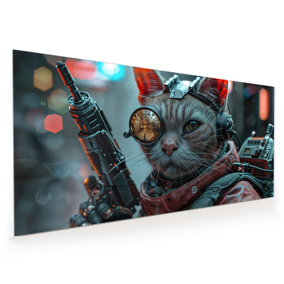 Küchenrückwand aus Glas im Hochformat: Getigerte Katze mit messingfarbener Fliegerbrille, Headset und rotem Tuch; links ragt ein Gewehrlauf ins Bild