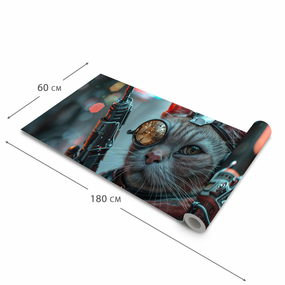 Rutschfester dünner Küchenteppich mit Motiv Cyberkatze in der Größe 80x300 cm