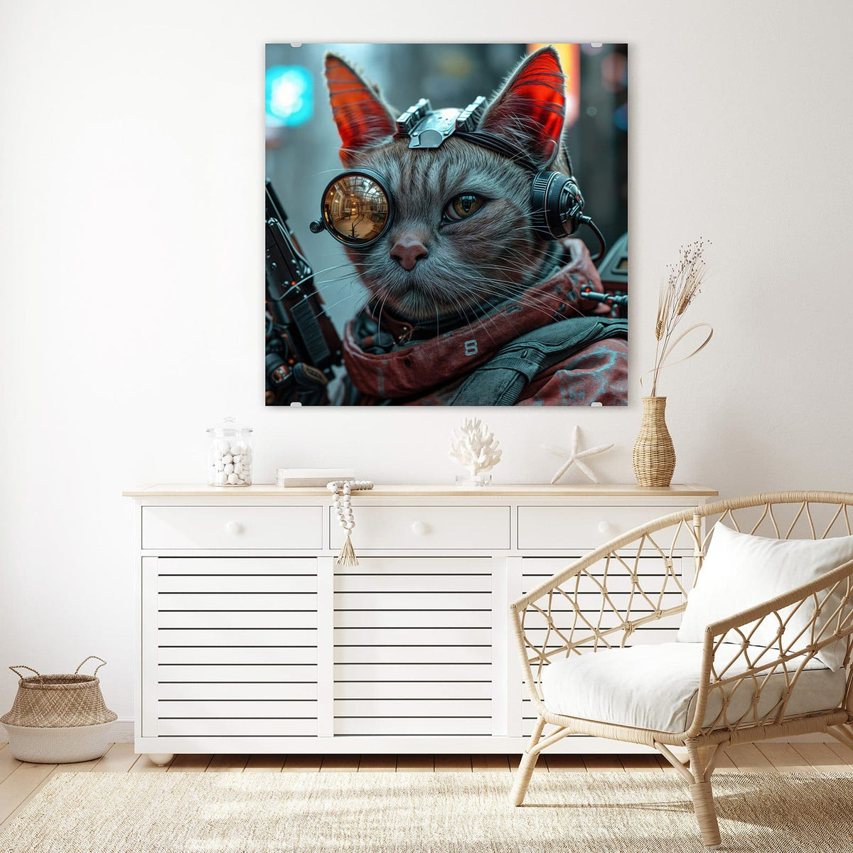 Glasbild Katze mit Fliegerbrille an der Wand – Getigerte Katze mit messingfarbener Fliegerbrille, Headset und rotem Tuch; links ragt ein Gewehrlauf ins Bild