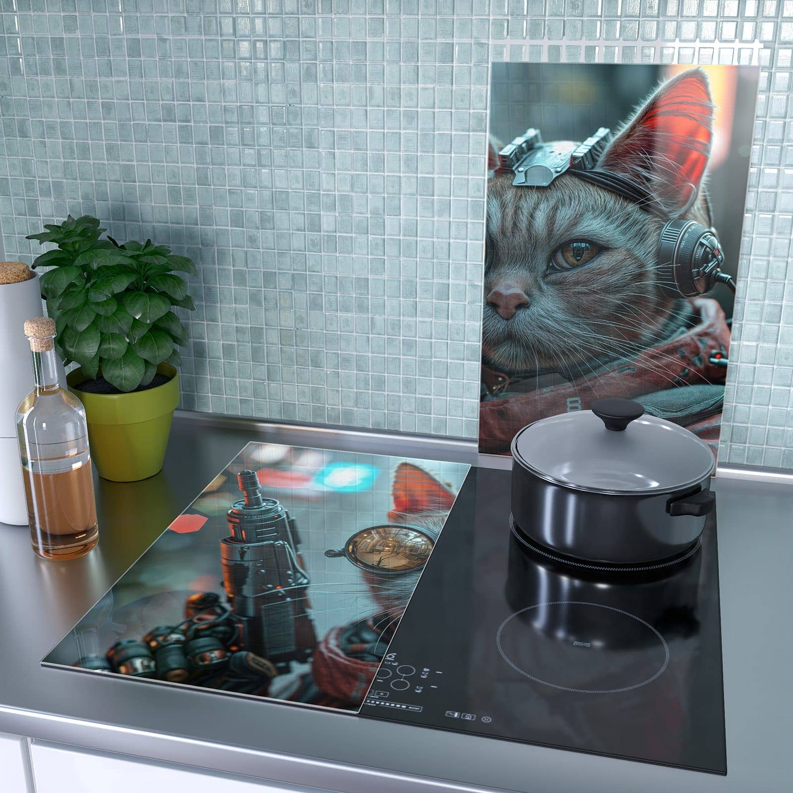2-teilige Abdeckplatten für den Herd mit Cyberkatze-Motiv als Spritzschutz hinter dem Kochfeld