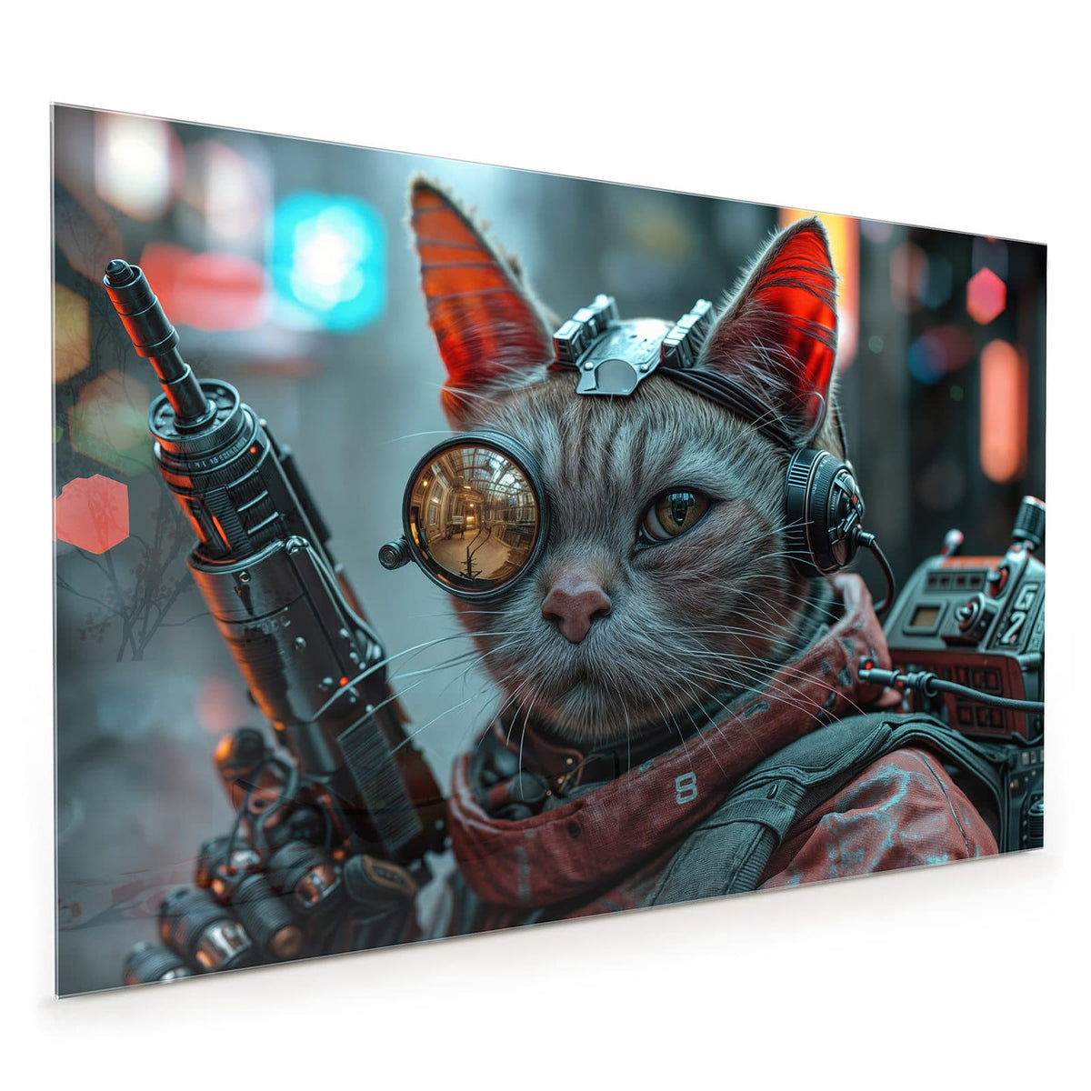 Küchenrückwand aus Glas im Hochformat: Getigerte Katze mit messingfarbener Fliegerbrille, Headset und rotem Tuch; links ragt ein Gewehrlauf ins Bild