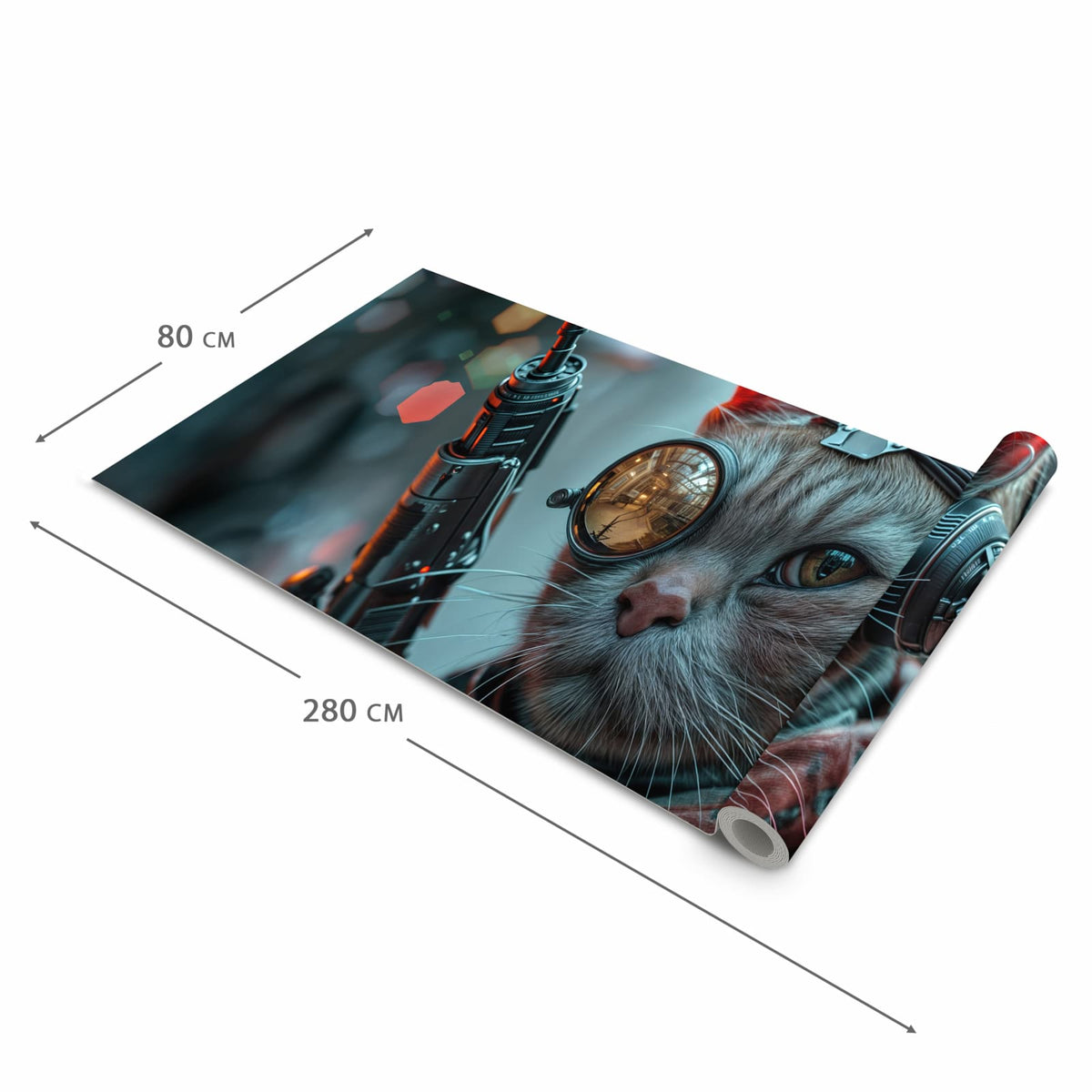 Rutschfester waschbarer Küchenteppich mit Motiv Cyberkatze in der Grösse 80x300 cm