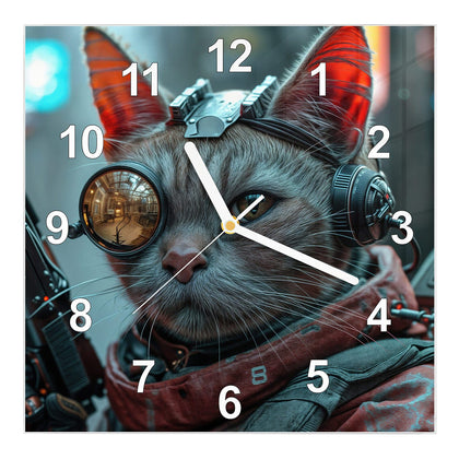 Wanduhr Quadratisch mit dem Motiv Katze mit Fliegerbrille