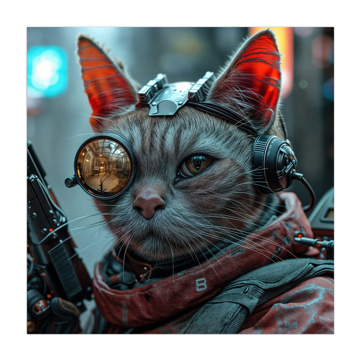 Getigerte Katze mit messingfarbener Fliegerbrille, Headset und rotem Tuch; links ragt ein Gewehrlauf ins Bild