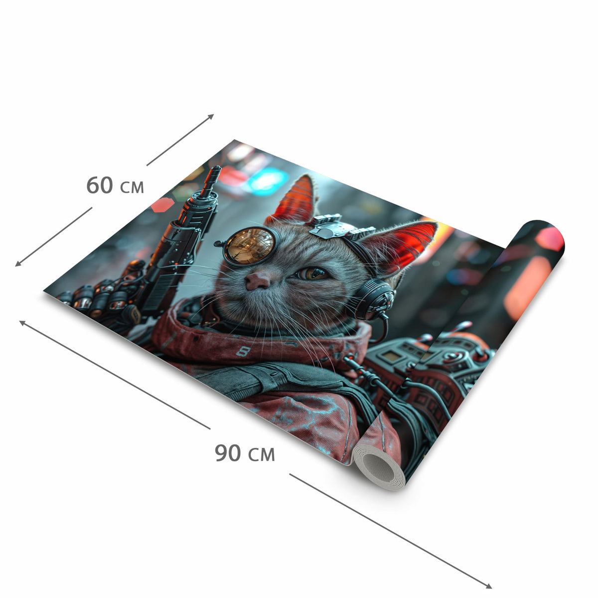 Strapazierfähiger Bodenläufer mit Motiv Cyberkatze in der Grösse 80x300 cm